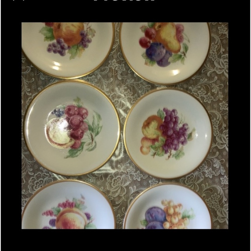 Vtg GERMAN asst. fruit decals 7 3/4” set of 6 plates w/intact gold trim. $59